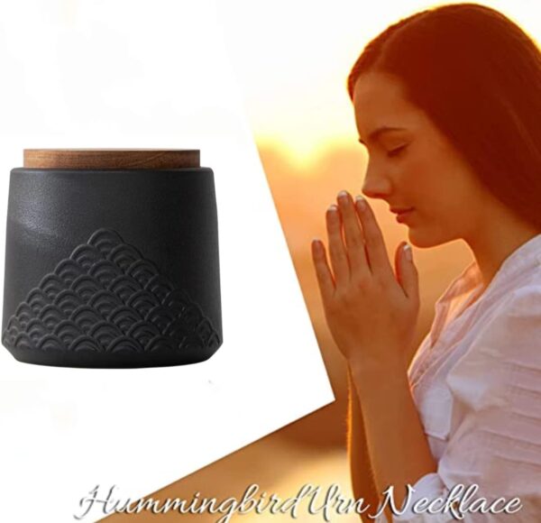 Black Small urn Ashes Keepsake - Decorative Ceramic Small urn ​for Human Ashes， Adult Funeral Memorial Tiny urn, Sea Wave pet urn-Qnty 1 - Image 3