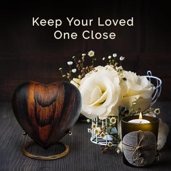 Small Urns for Ashes Keepsake Heart Shape Design, Miniature Small Cremation Urn for Pet or Sharing, Capacity of 3-4 Table Spoons, Male or Female, Choose from 4 Colors, Metal with Wood Finish Cherry - Image 2