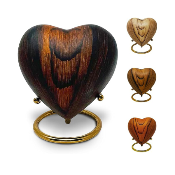 Small Urns for Ashes Keepsake Heart Shape Design, Miniature Small Cremation Urn for Pet or Sharing, Capacity of 3-4 Table Spoons, Male or Female, Choose from 4 Colors, Metal with Wood Finish Cherry