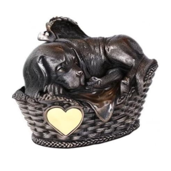 Pet Memorial Angel Dog Sleeping in Basket Cremation Urn Bronze Finish Bottom Load 45 Cubic Inch